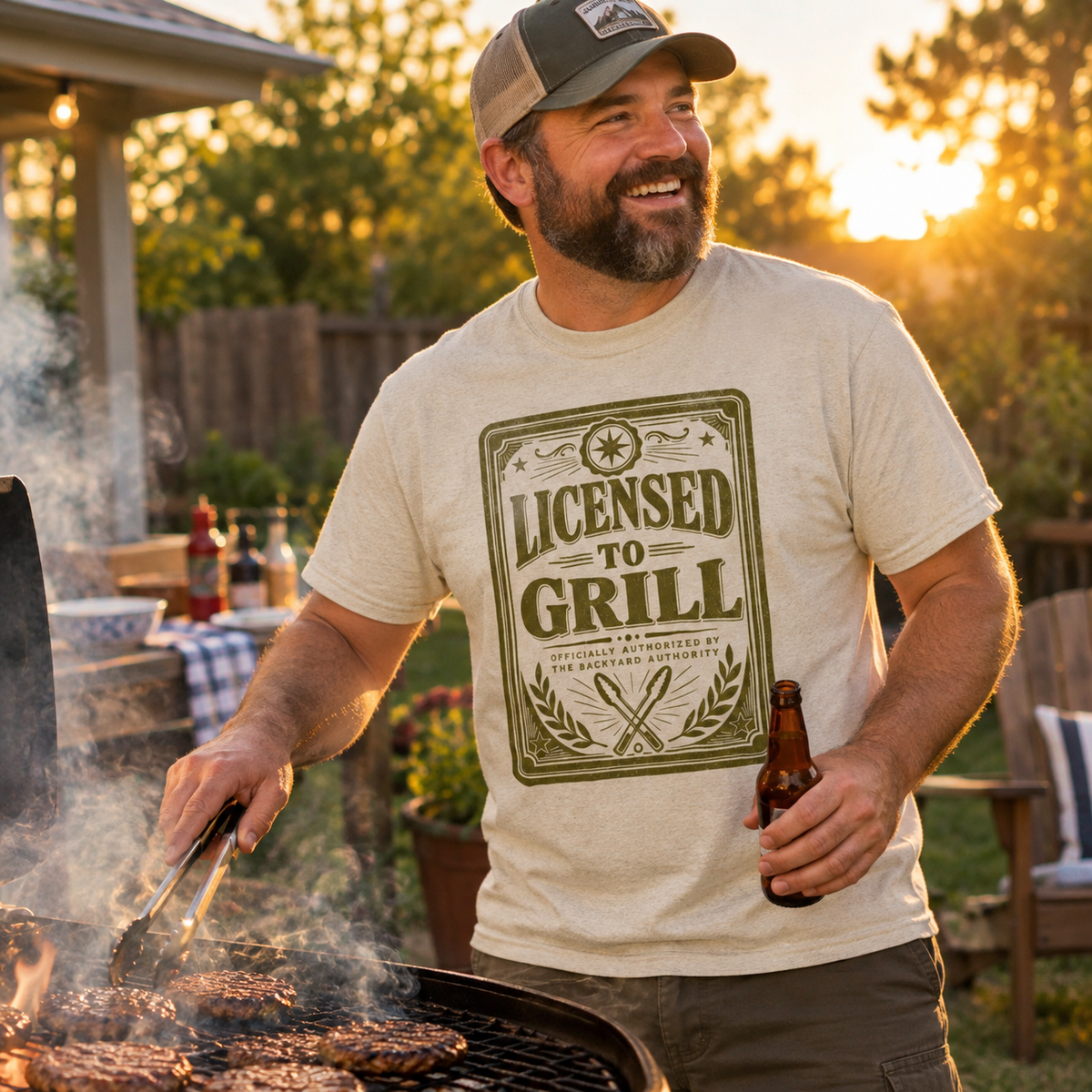 Garage & Grill — Licensed to Grill tee at a backyard cookout