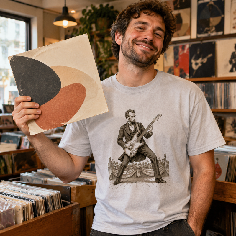 Retro Legends — Lincoln Shreds tee in a vintage record store