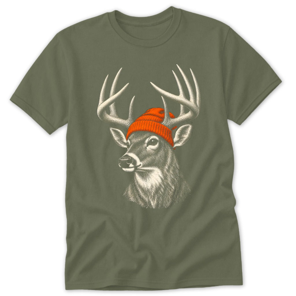 An olive green t-shirt featuring a graphic of a buck with antlers wearing an orange beanie.