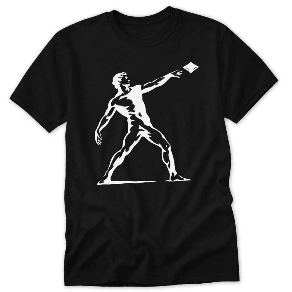 Black t-shirt with white graphic of man throwing a book.