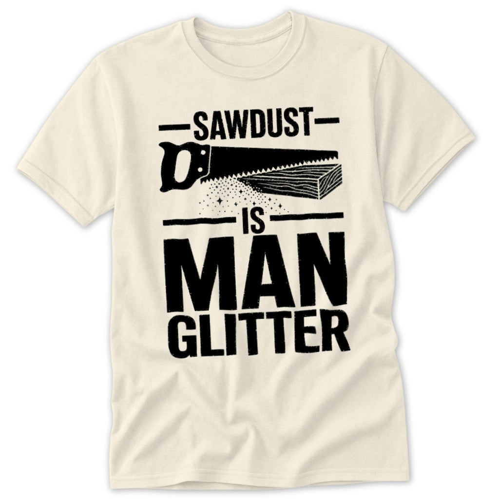 Cream t-shirt with "Sawdust is Man Glitter" text and saw graphic.