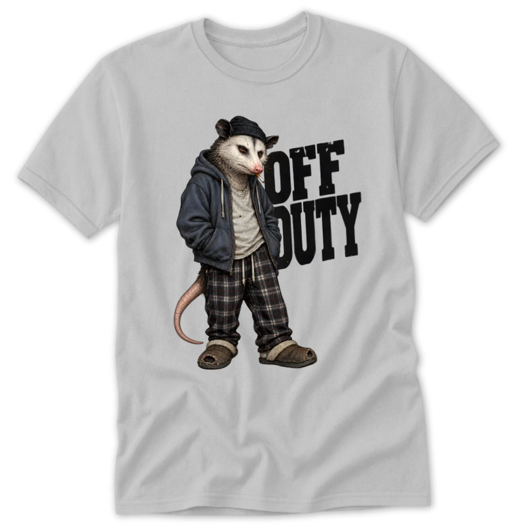 Opossum wearing a beanie, hoodie, and plaid pants with "OFF DUTY" text.