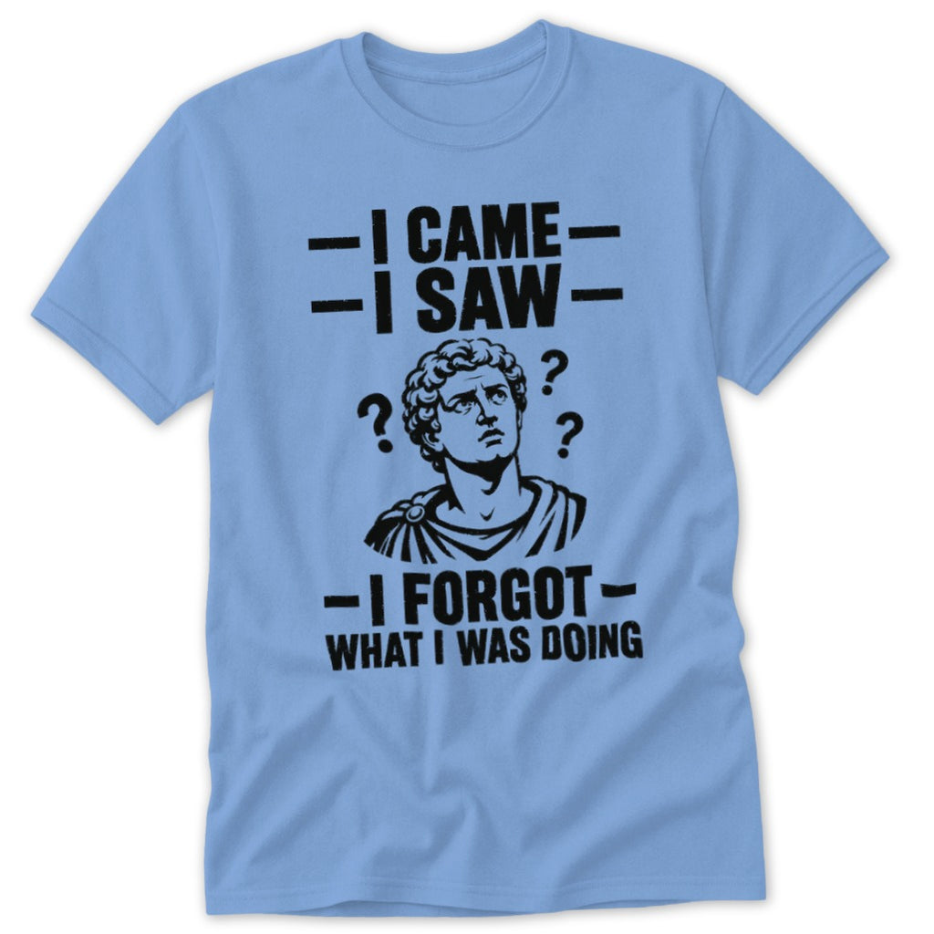Light blue t-shirt with text: "I came, I saw, I forgot what I was doing."