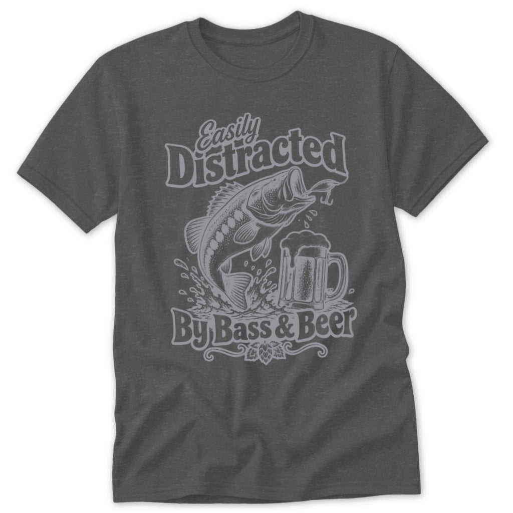 Dark gray crewneck t-shirt featuring a graphic of a bass jumping next to a beer mug with the text "Easily Distracted By Bass & Beer".
