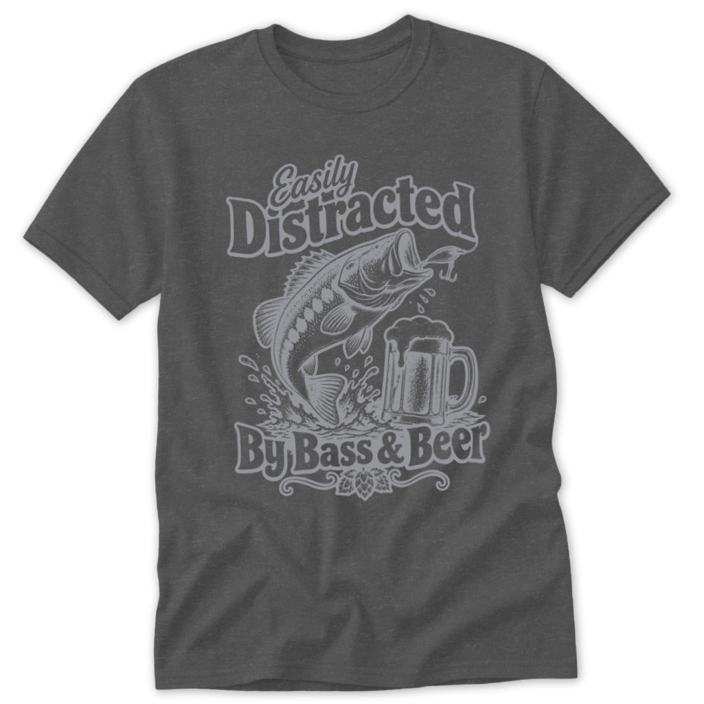 Dark gray crewneck t-shirt featuring a graphic of a bass jumping next to a beer mug with the text "Easily Distracted By Bass & Beer".