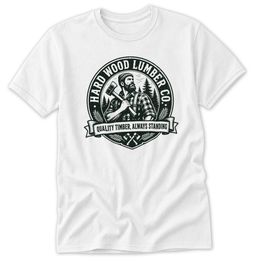 A white short-sleeved t-shirt featuring a round black and white lumberjack logo centered on the chest.