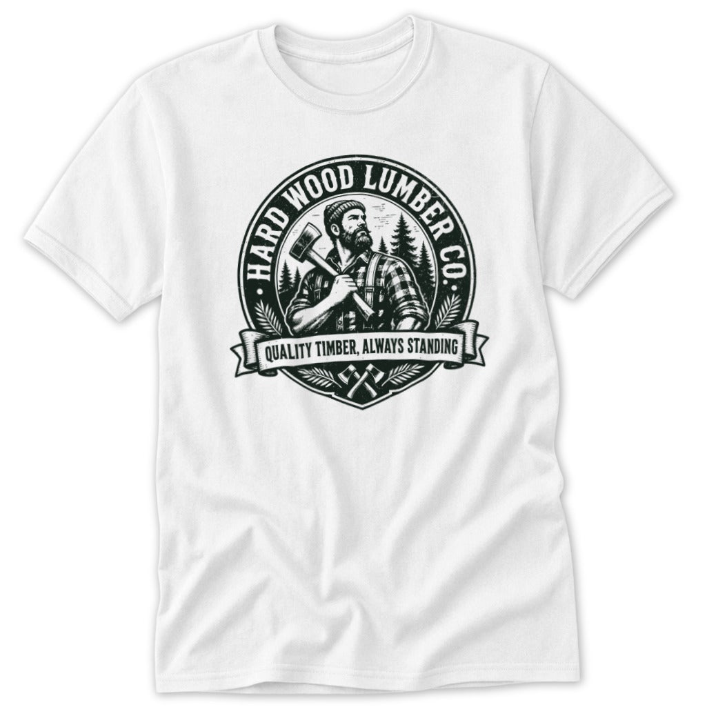 A white short-sleeved t-shirt featuring a round black and white lumberjack logo centered on the chest.