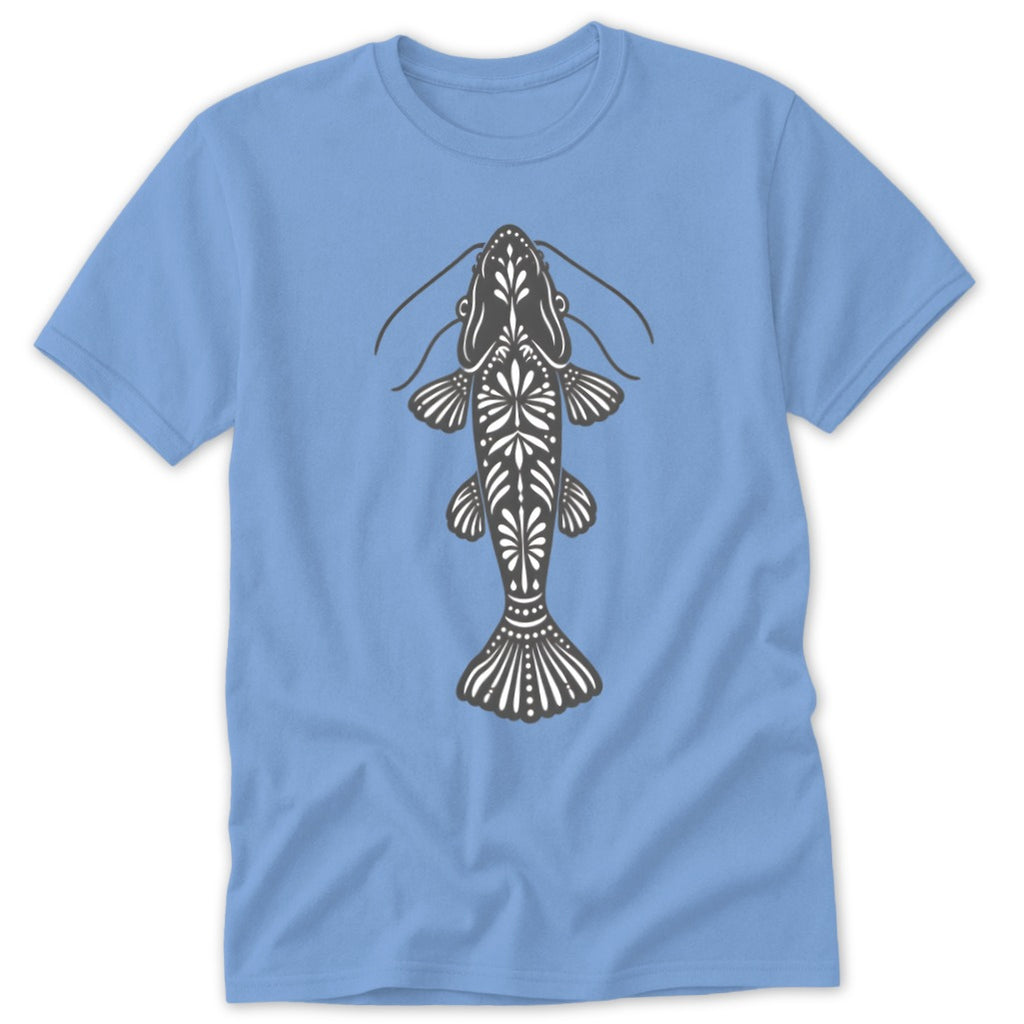 Light blue t-shirt with a black, ornate catfish design.
