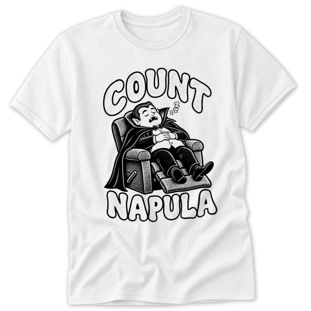 A white t-shirt featuring a black and white graphic of Dracula sleeping in a recliner with text reading Count Napula.