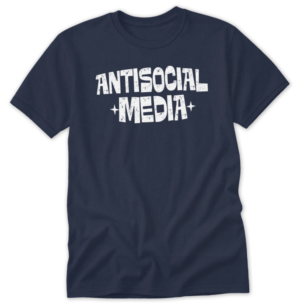 Navy t-shirt with white "ANTISOCIAL MEDIA" text and star accents.