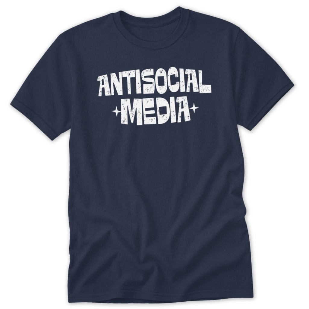 Navy t-shirt with white "ANTISOCIAL MEDIA" text and star accents.