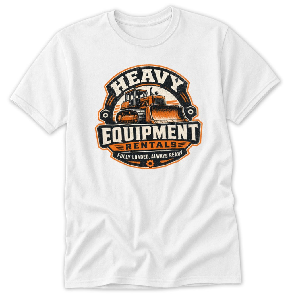 White short-sleeved t-shirt featuring a vintage construction logo with an orange bulldozer and text reading Heavy Equipment Rentals.