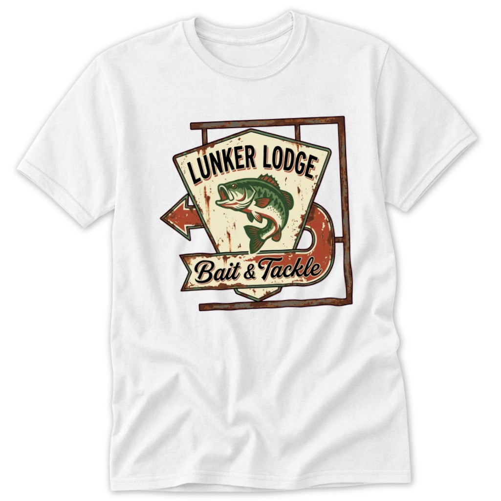 White t-shirt with a distressed Lunker Lodge Bait & Tackle sign featuring a bass.
