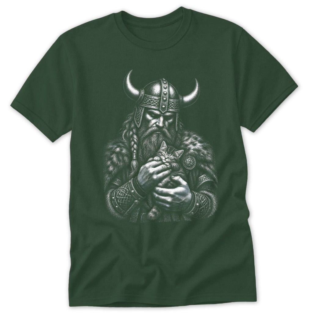 A dark green t-shirt featuring a detailed white illustration of a horned Viking holding a kitten.