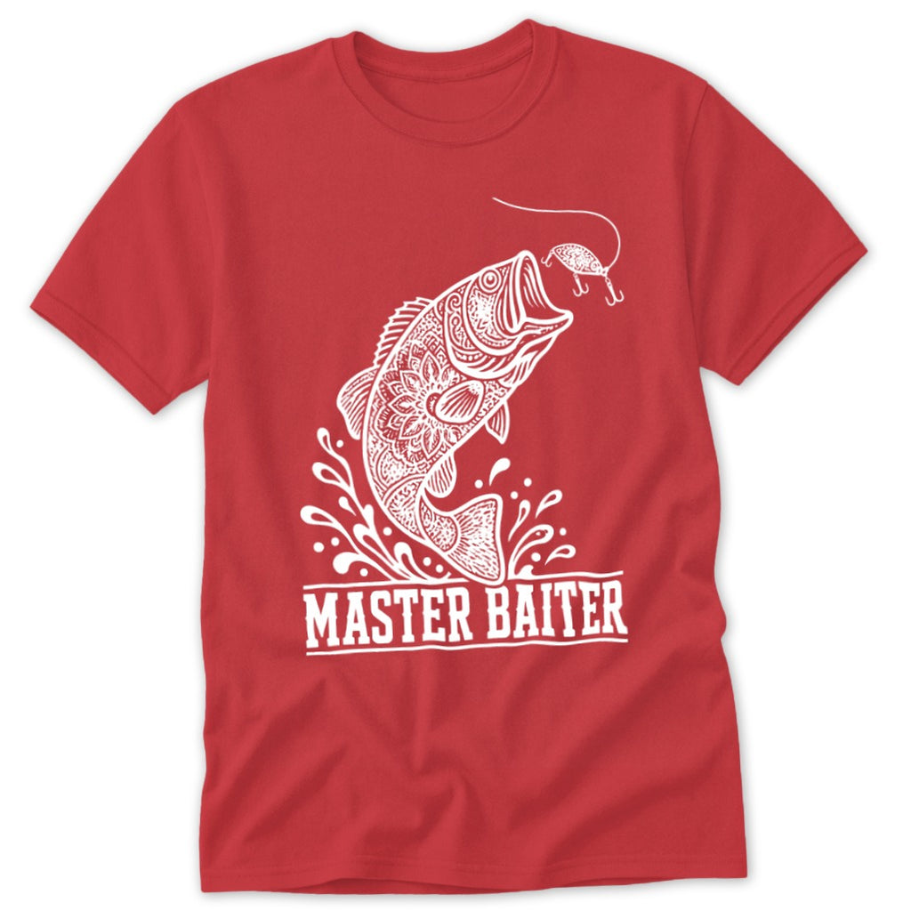 Red t-shirt with white graphic of jumping fish and text "MASTER BAITER".