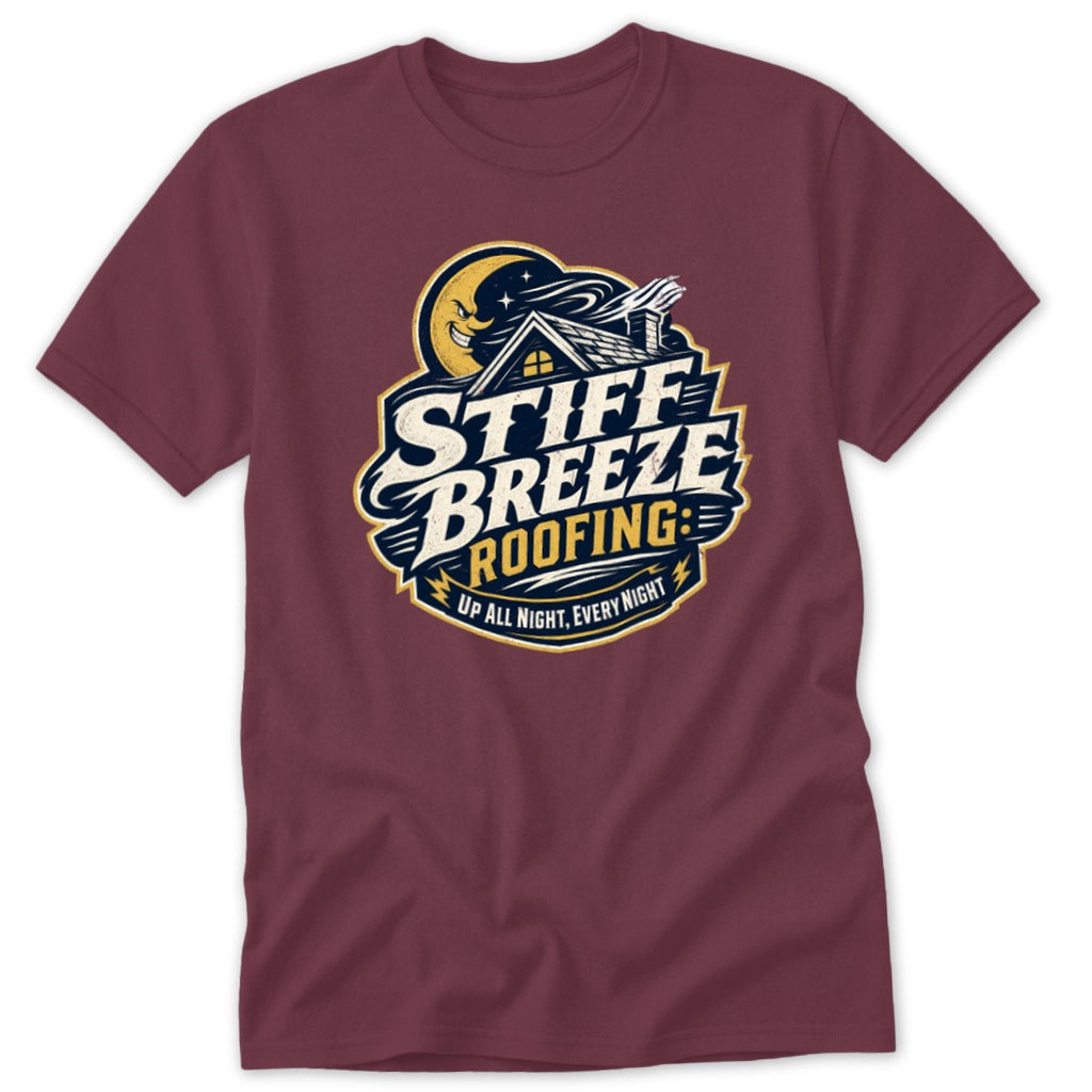 Maroon short-sleeved t-shirt featuring a yellow, white, and black graphic that reads Stiff Breeze Roofing.