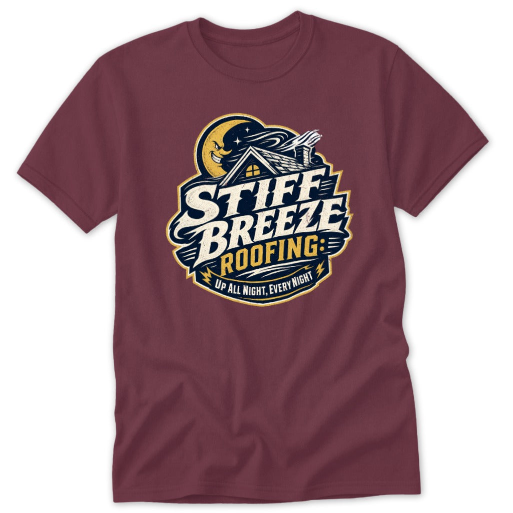 Maroon short-sleeved t-shirt featuring a yellow, white, and black graphic that reads Stiff Breeze Roofing.