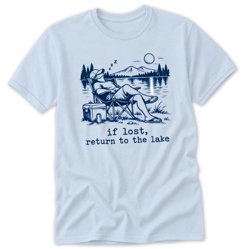 T-shirt with graphic of man sleeping in a chair by a lake with text "if lost, return to the lake".