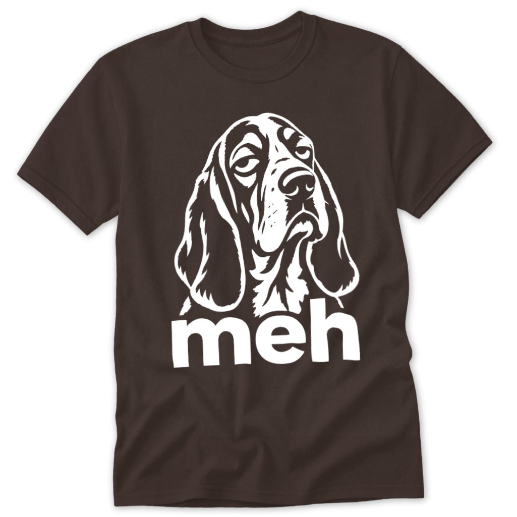 Brown t-shirt with white Basset Hound graphic and "meh" text.