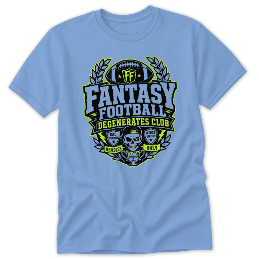 Light blue short-sleeved t-shirt featuring a black and neon green Fantasy Football Degenerates Club graphic centered on the chest.