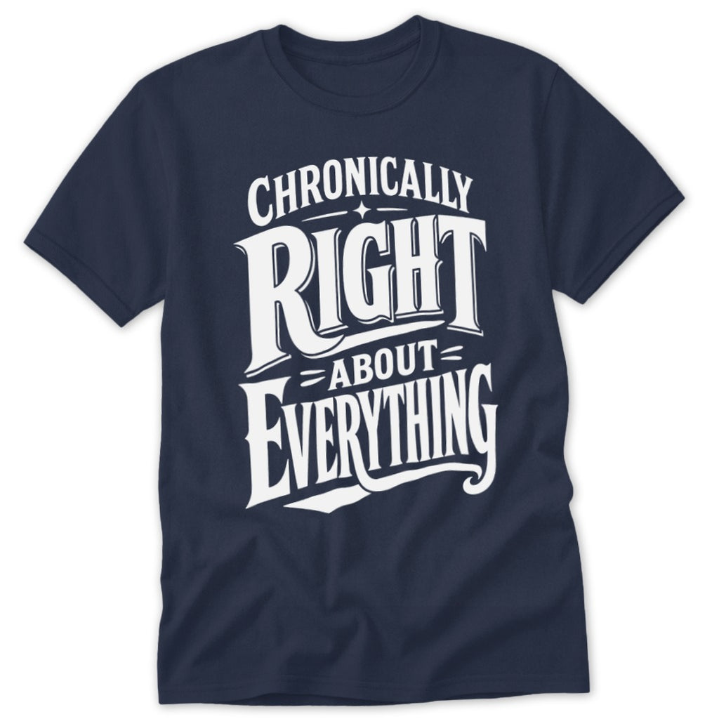 Navy blue t-shirt featuring the white text "Chronically Right About Everything" in stylized typography across the chest.