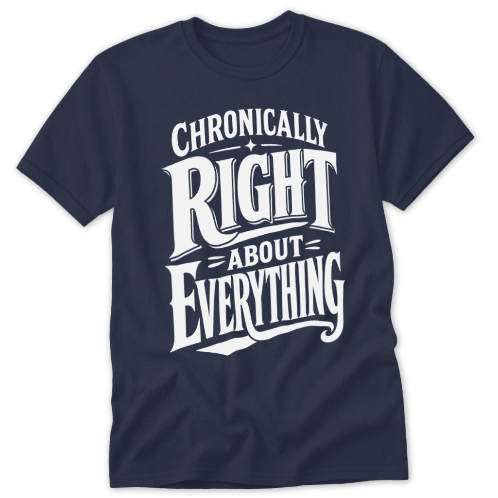 Navy blue t-shirt featuring the white text "Chronically Right About Everything" in stylized typography across the chest.