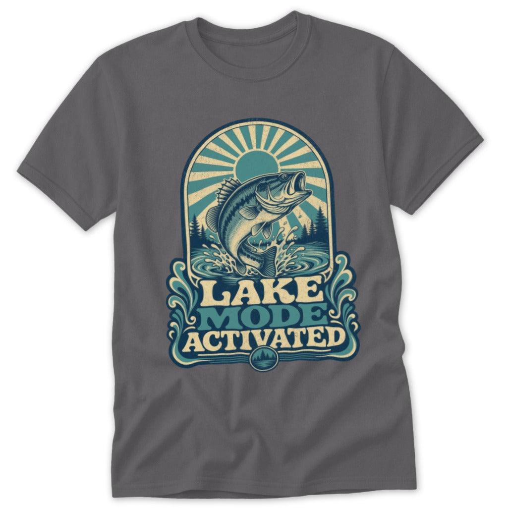 Graphic of a jumping bass fish with text "LAKE MODE ACTIVATED" on a gray t-shirt.