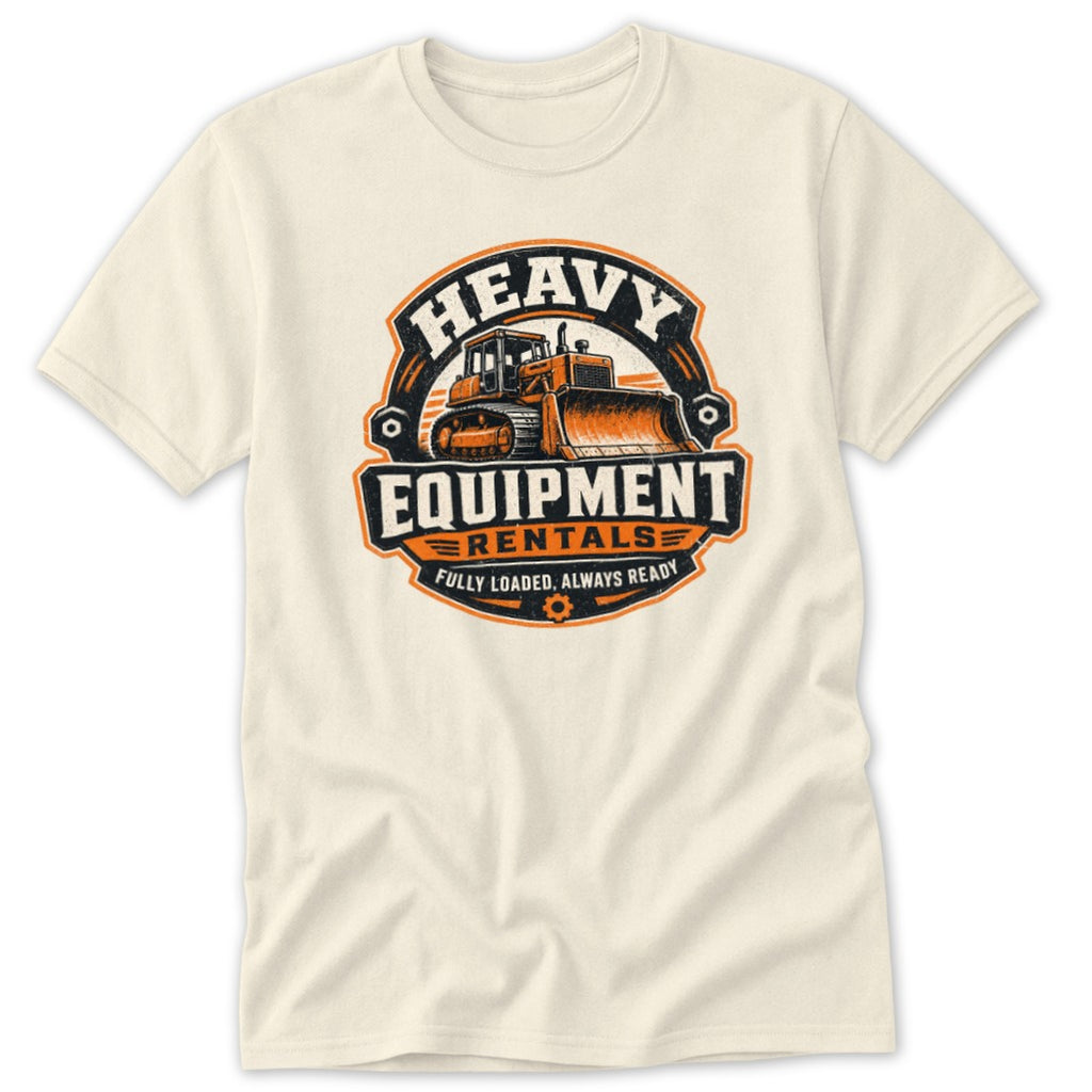 Off-white crewneck t-shirt featuring a circular orange and black heavy equipment rentals graphic on the chest.