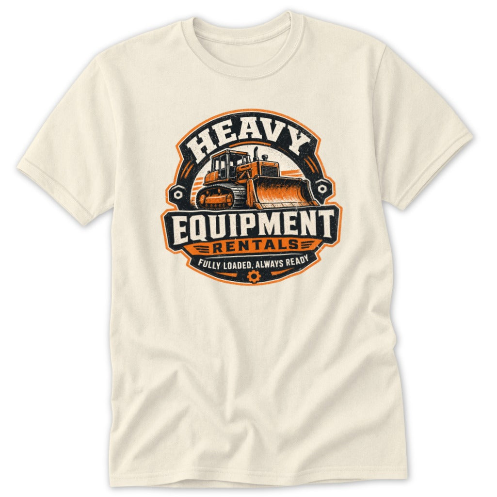 Off-white crewneck t-shirt featuring a circular orange and black heavy equipment rentals graphic on the chest.