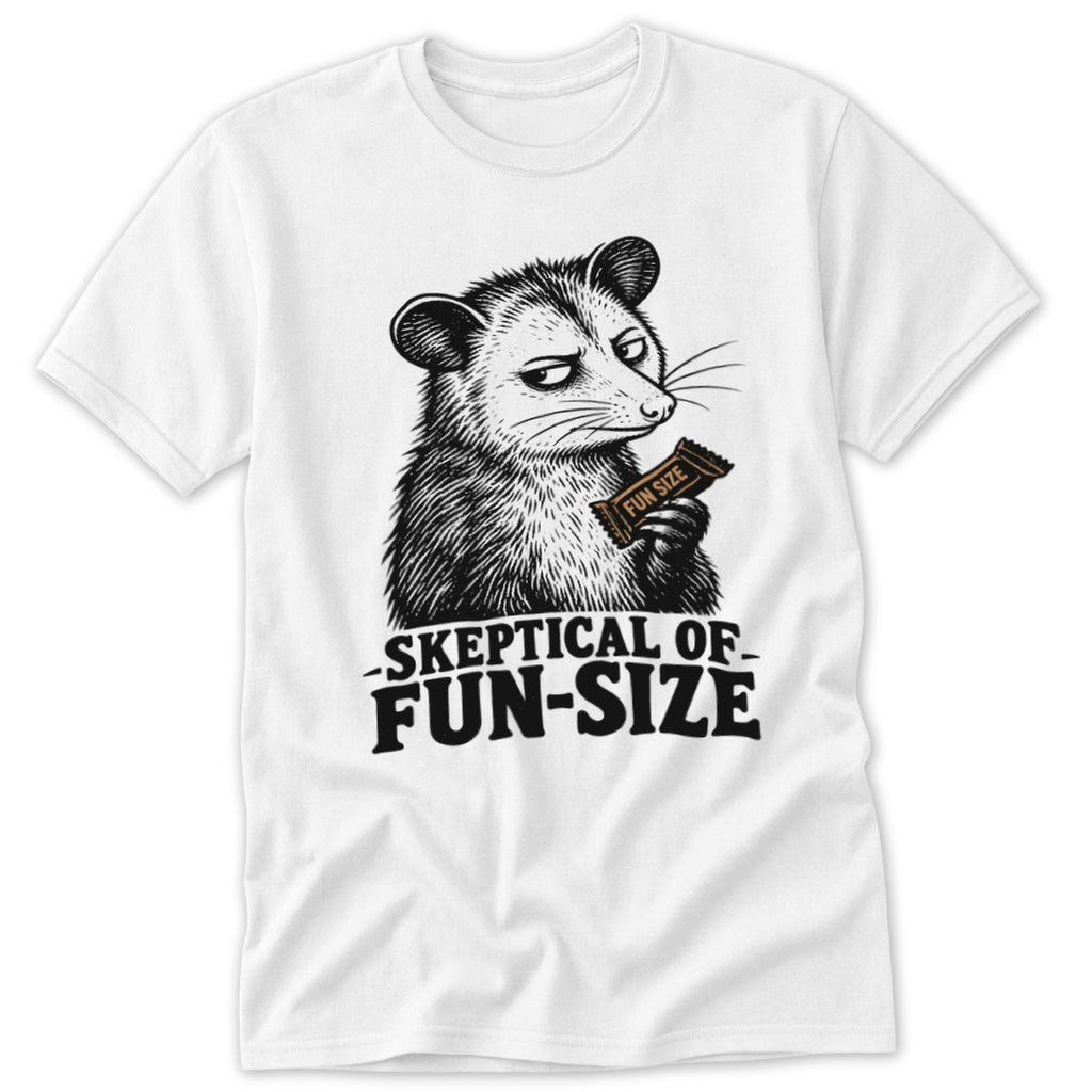 Opossum holding candy bar with text "Skeptical of Fun Size".