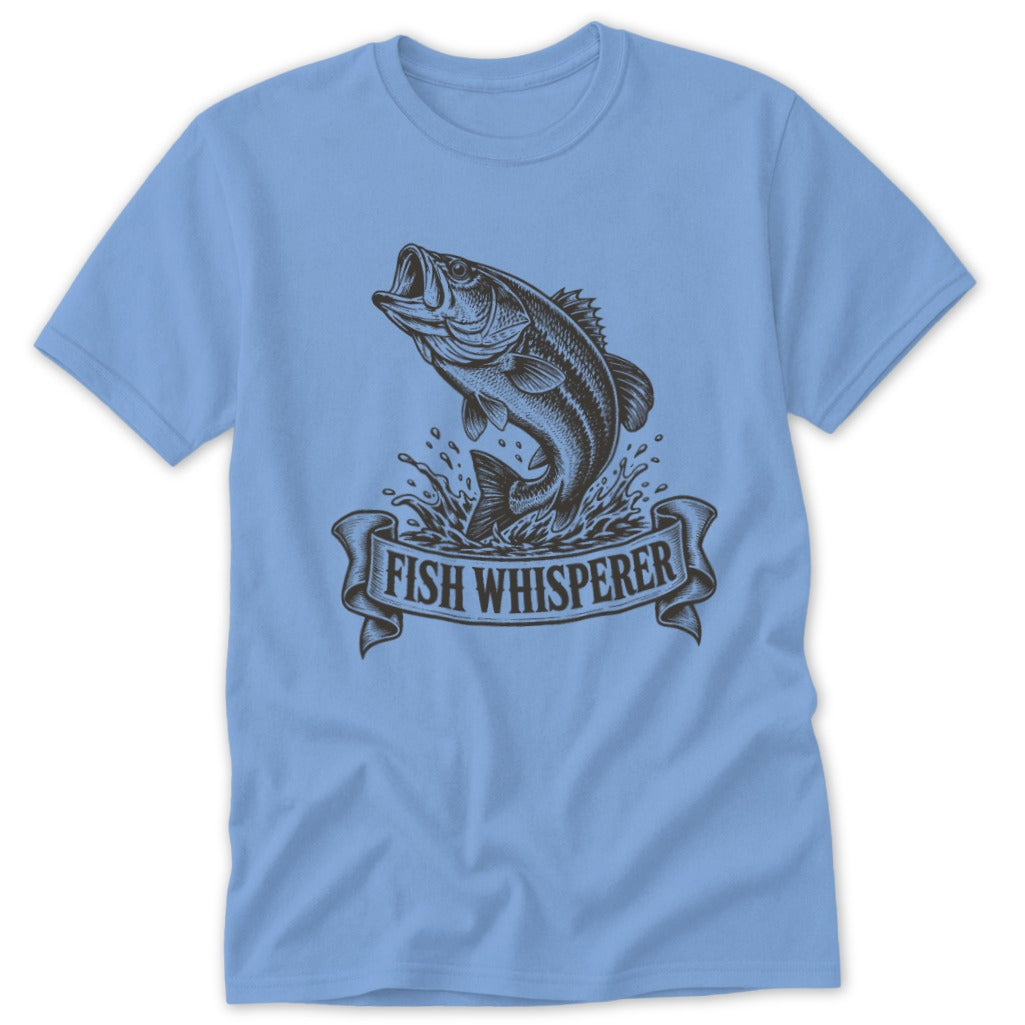 Light blue t-shirt with a jumping fish graphic and "Fish Whisperer" banner.