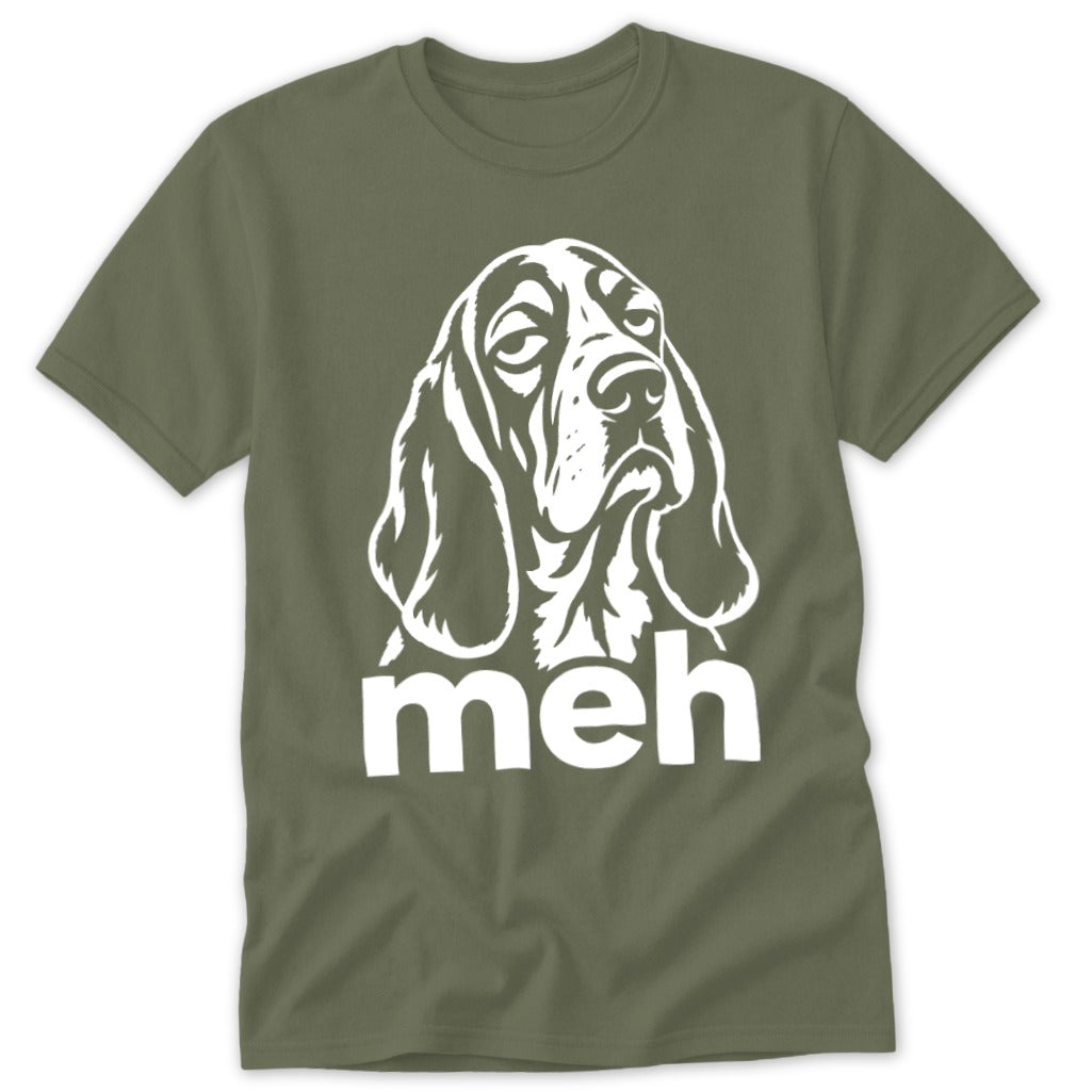 Green t-shirt with white graphic of a sad basset hound and the word "meh".