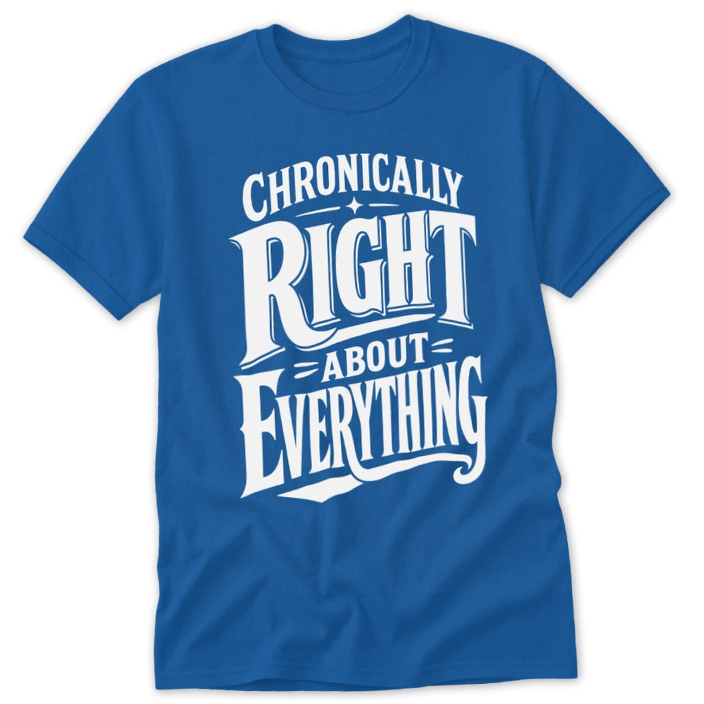 A blue short-sleeved t-shirt with white text reading "CHRONICALLY RIGHT ABOUT EVERYTHING" on the front.