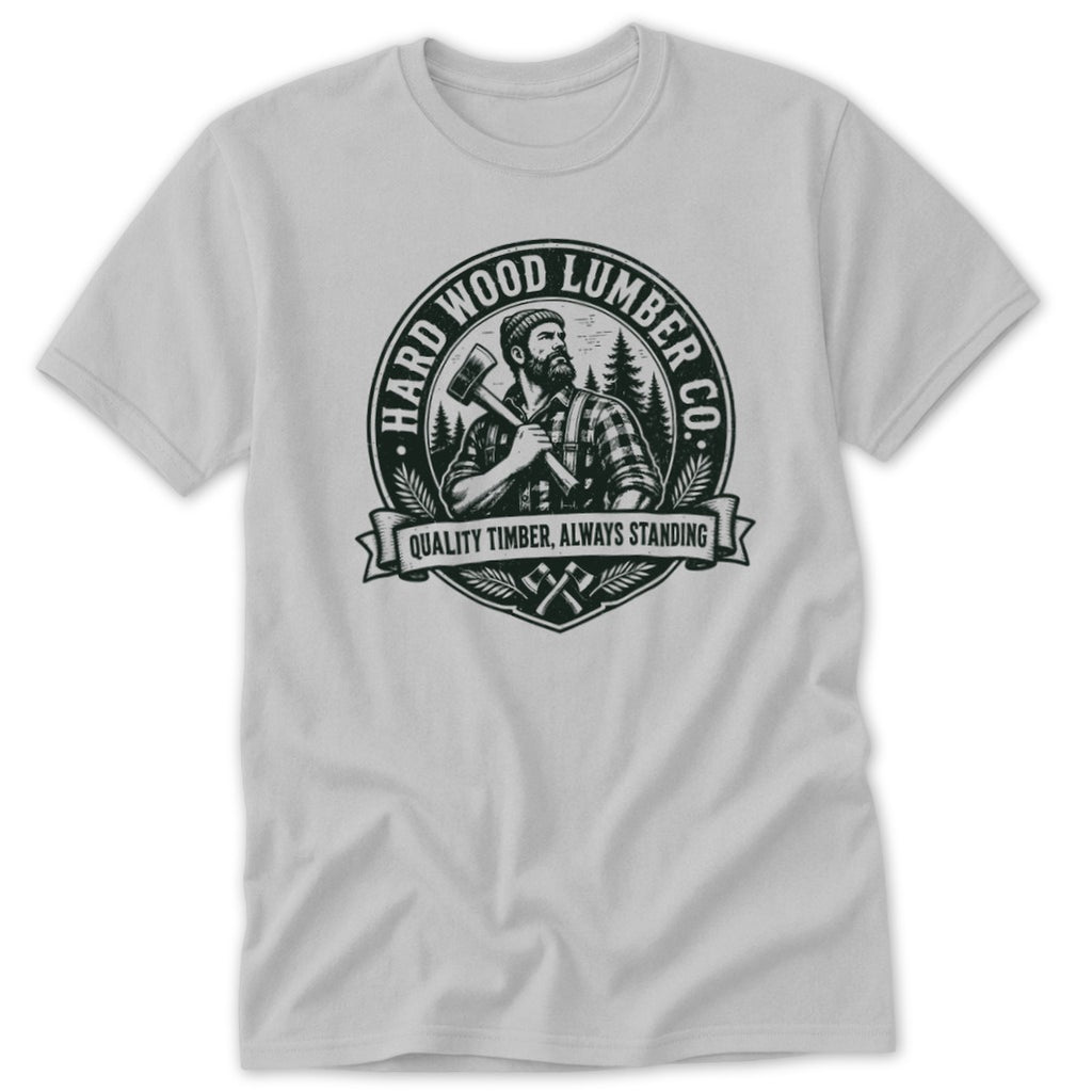 Light gray short-sleeved t-shirt featuring a black circular logo of a lumberjack with an axe.