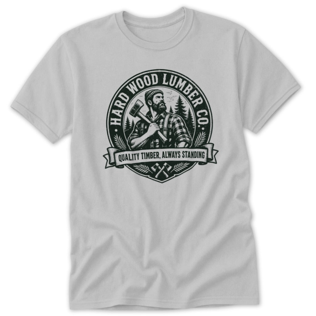 Light gray short-sleeved t-shirt featuring a black circular logo of a lumberjack with an axe.