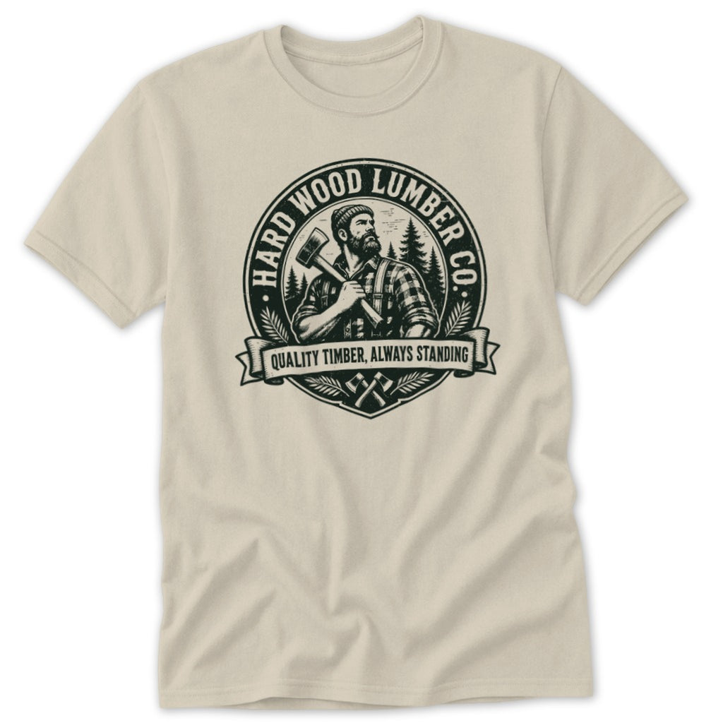 Light-colored crewneck t-shirt featuring a round black graphic with a lumberjack, trees, and Hard Wood Lumber Co. text.