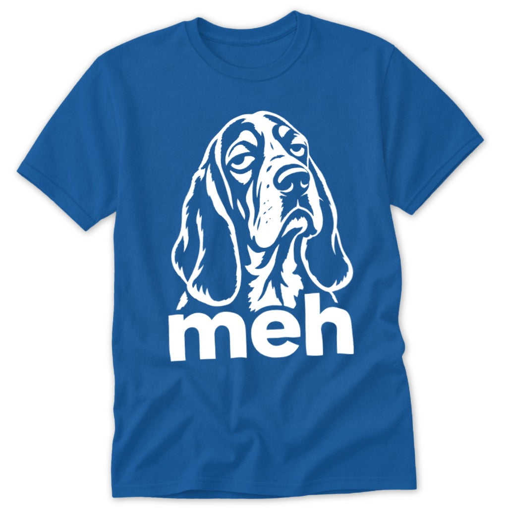 Blue t-shirt with white illustration of a sad-looking dog and the word "meh".