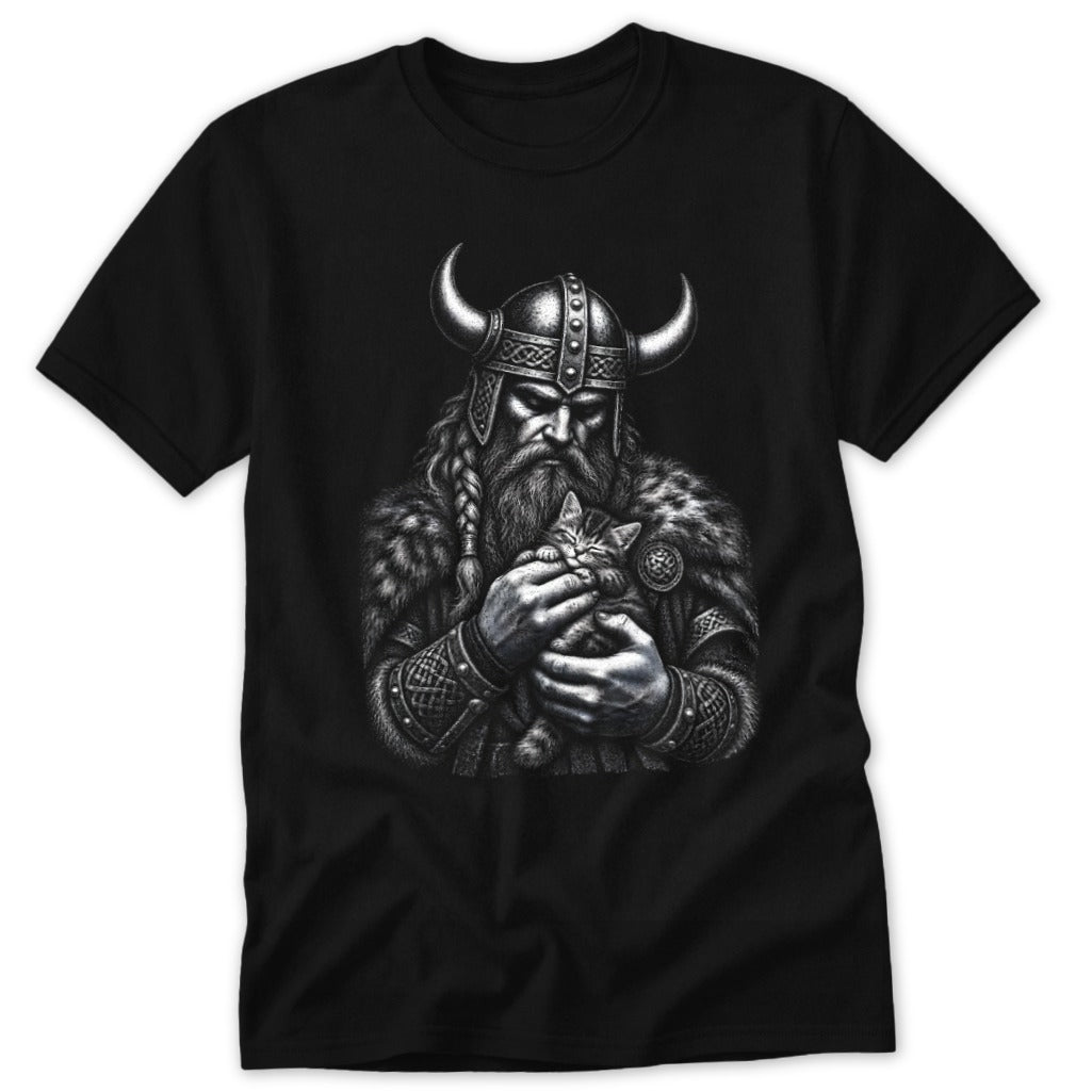 A black t-shirt features a detailed black-and-white graphic of a horned Viking holding a small kitten.