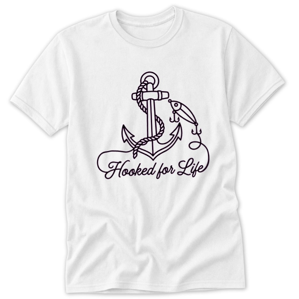 White t-shirt with black anchor, fishing lure, and text "Hooked for Life".