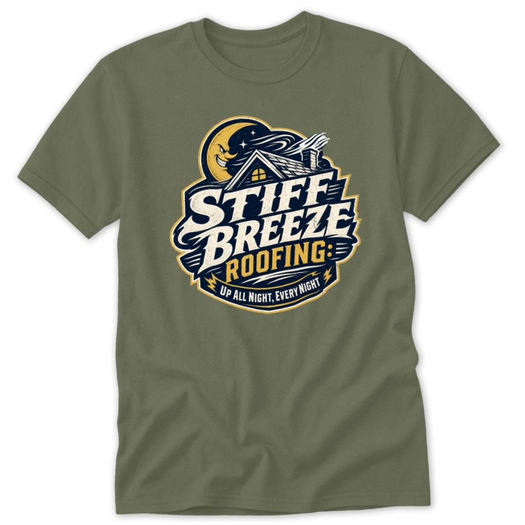 An olive green crewneck t-shirt featuring a stylized graphic with the text Stiff Breeze Roofing and a crescent moon.