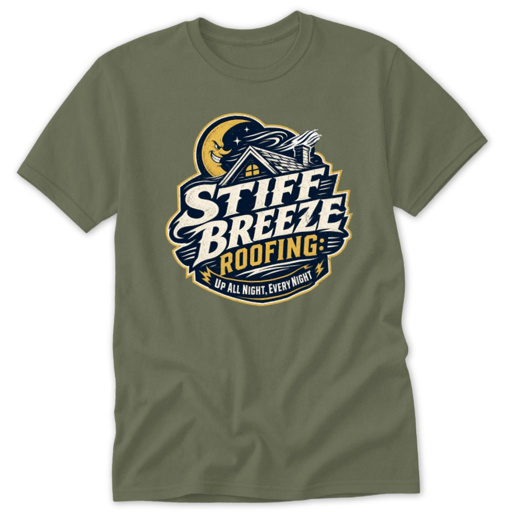 An olive green crewneck t-shirt featuring a stylized graphic with the text Stiff Breeze Roofing and a crescent moon.