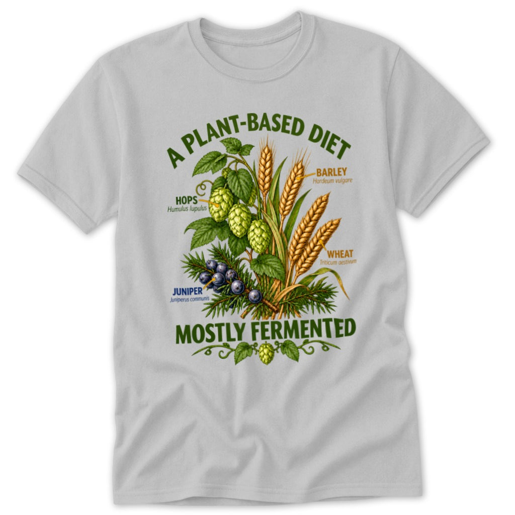 T-shirt graphic with text "A Plant-Based Diet Mostly Fermented" and botanical illustrations.