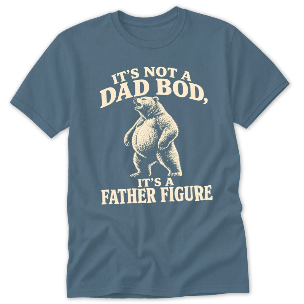 A blue t-shirt featuring a standing bear graphic and the text It's Not a Dad Bod, It's a Father Figure.