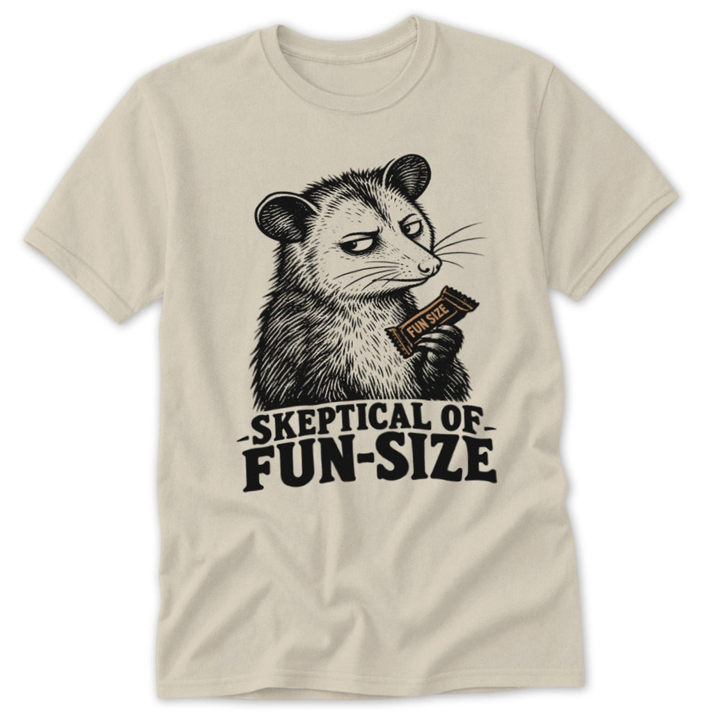 Opossum holding a fun size candy bar, skeptical of fun-size text.