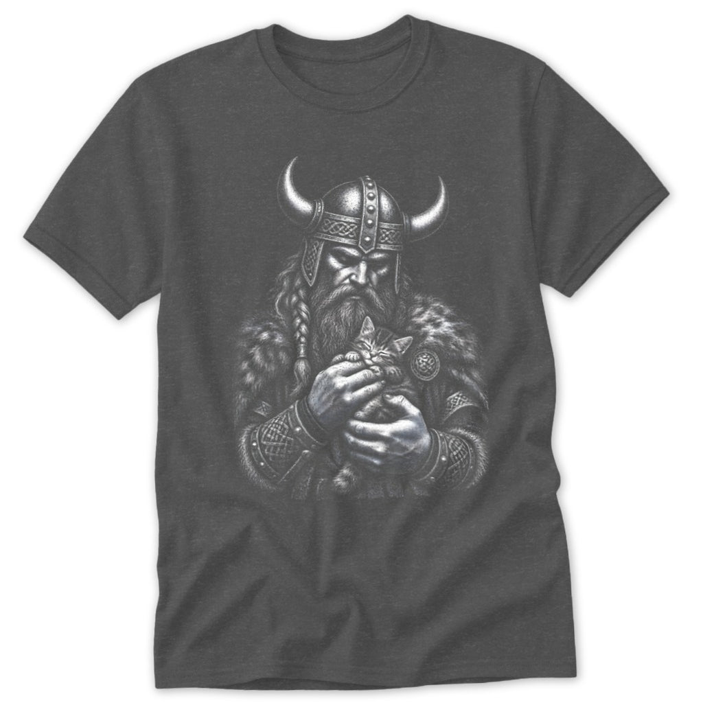 A dark grey crewneck t-shirt featuring a detailed black and white graphic of a horned Viking holding a small kitten.