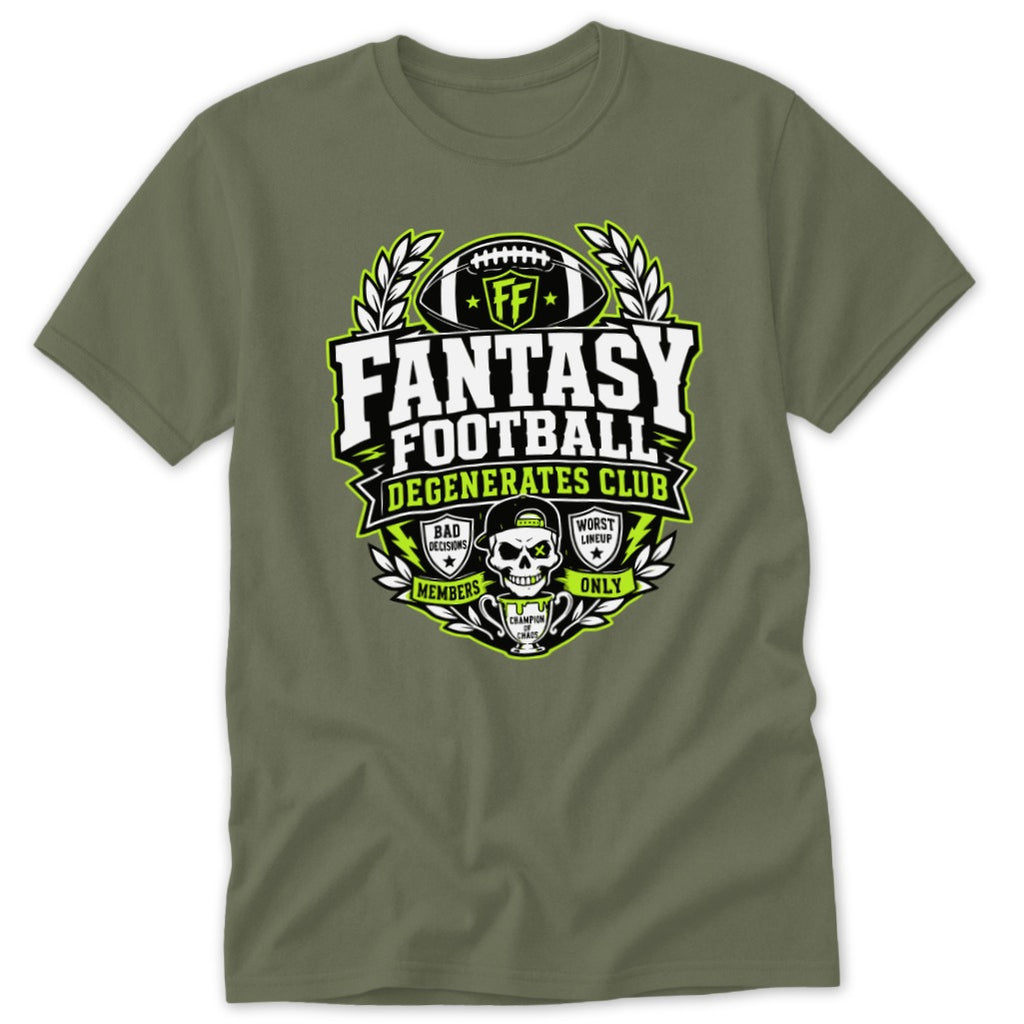 Olive green crewneck t-shirt featuring a black, white, and green "Fantasy Football Degenerates Club" graphic on the chest.