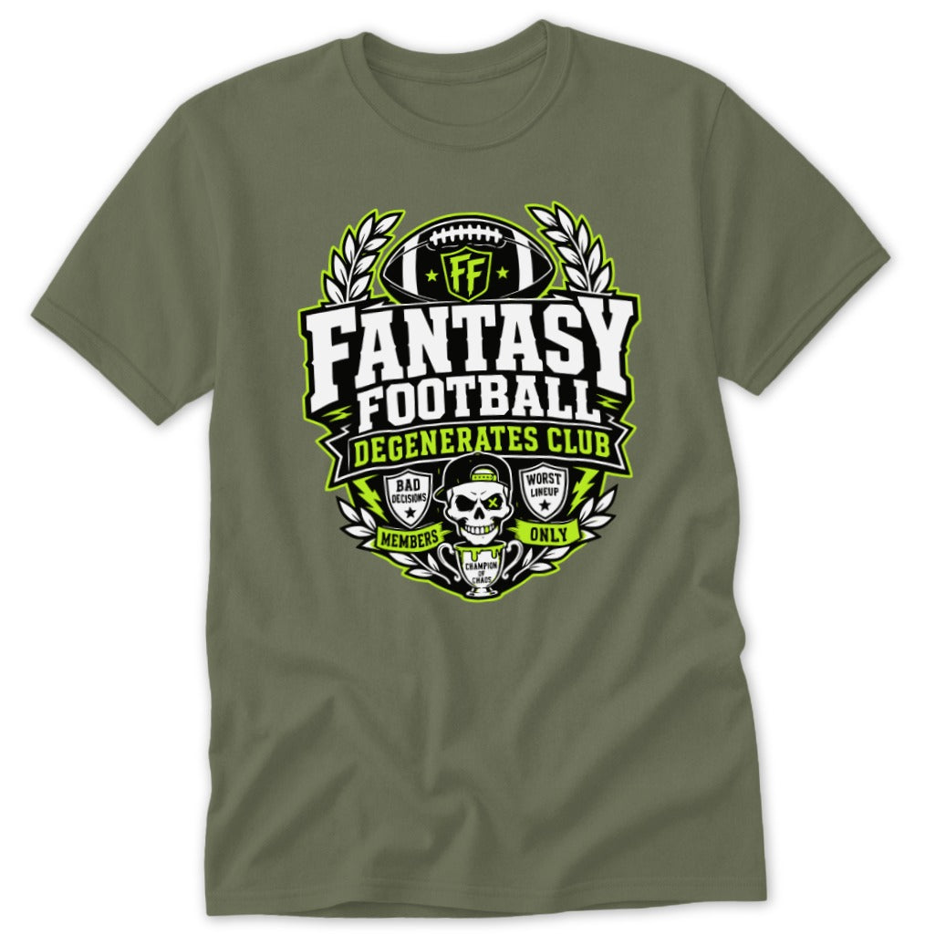 Olive green crewneck t-shirt featuring a black, white, and green "Fantasy Football Degenerates Club" graphic on the chest.