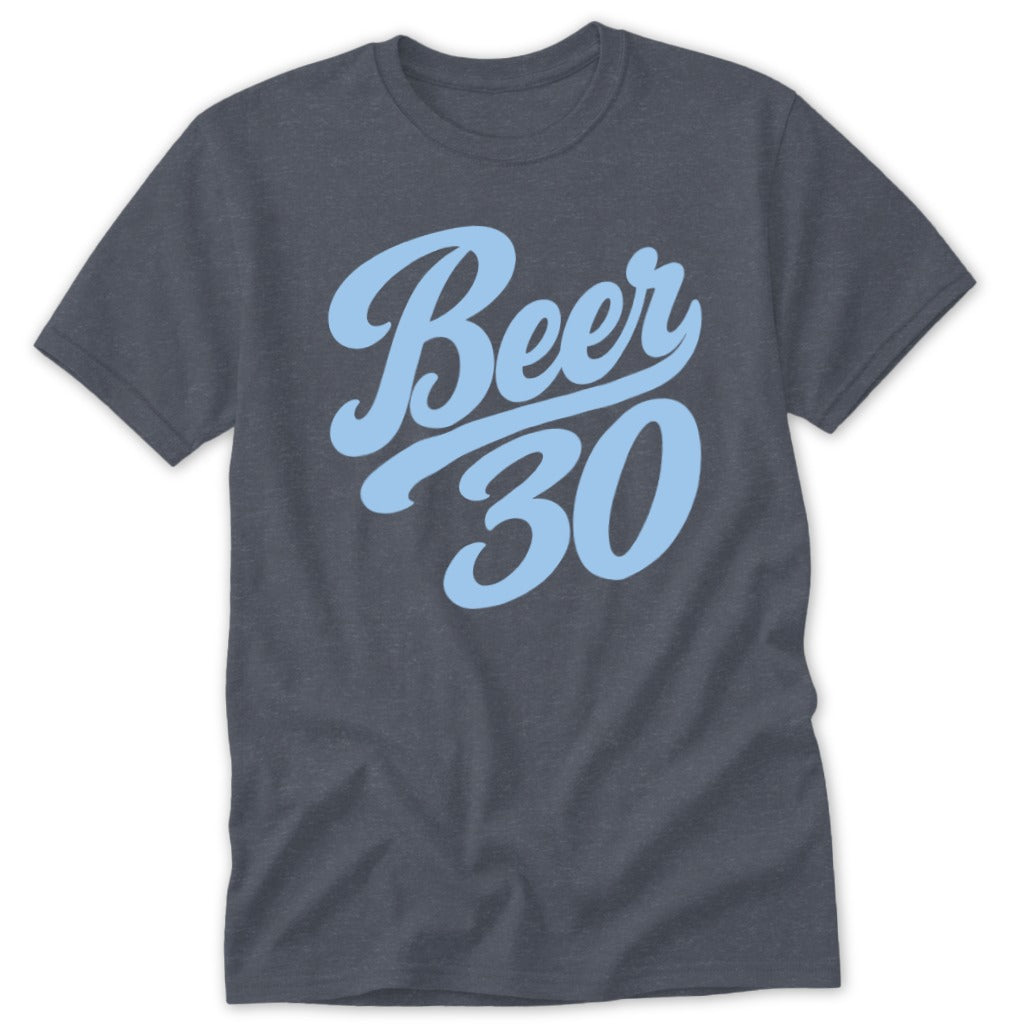 Dark gray t-shirt with "Beer 30" in light blue script font.