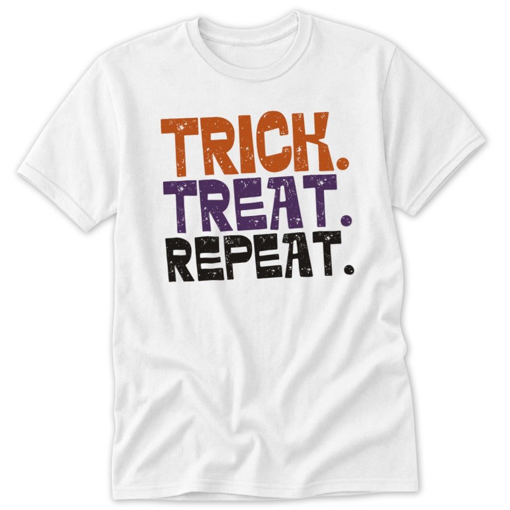 White t-shirt with text "Trick. Treat. Repeat." in orange, purple, and black.