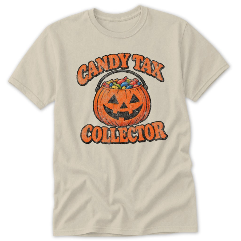 Cream t-shirt with distressed graphic of pumpkin bucket labeled "Candy Tax Collector."